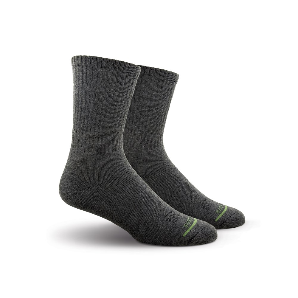 Pair of charcoal grey John Deere crew performance socks with subtle green toe detail