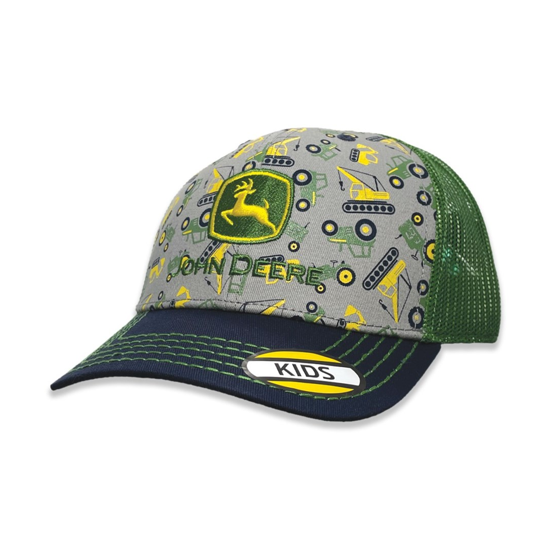 John Deere kids trucker cap with grey machinery print, green mesh back and navy curved visor