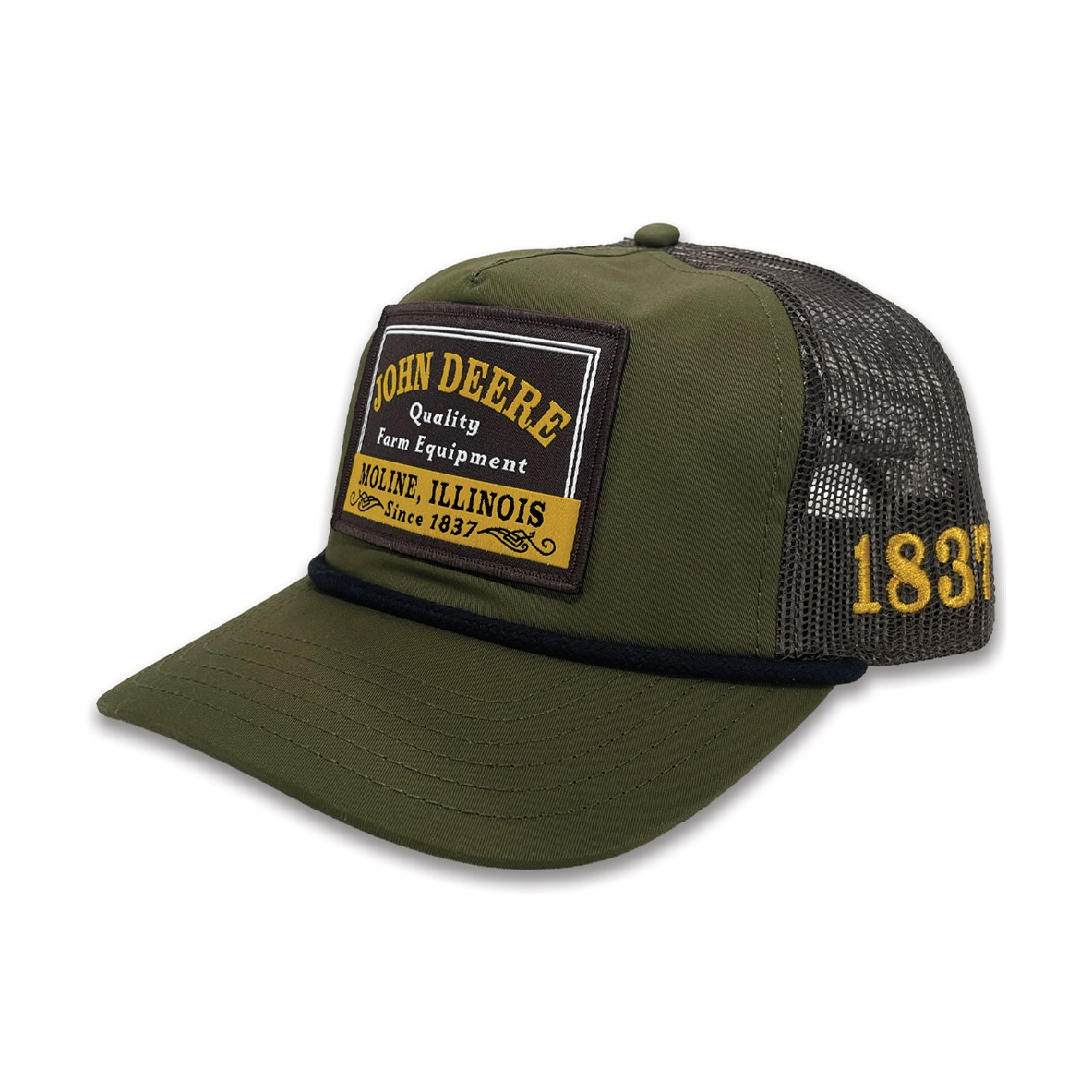 Olive John Deere cap with black mesh back, vintage front patch and embroidered 1837 side detail