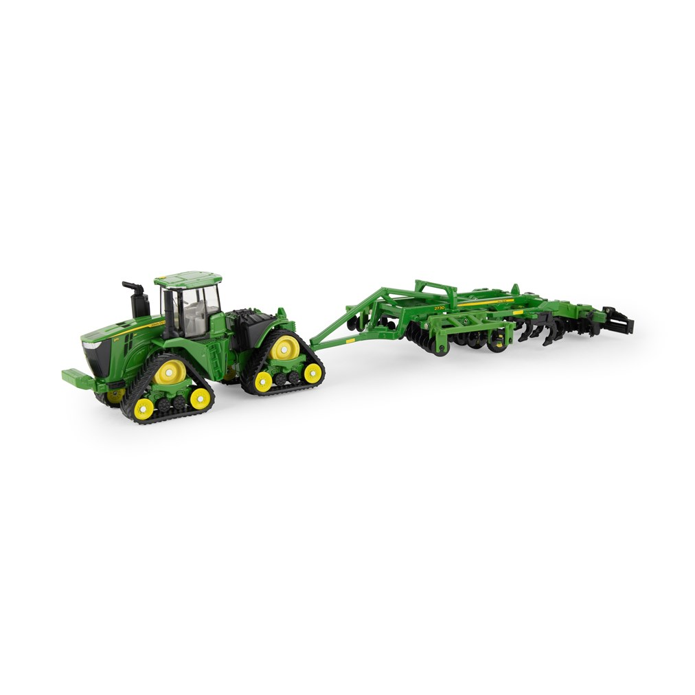 Green John Deere tracked tractor model attached to a green 2730 ripper on a white background