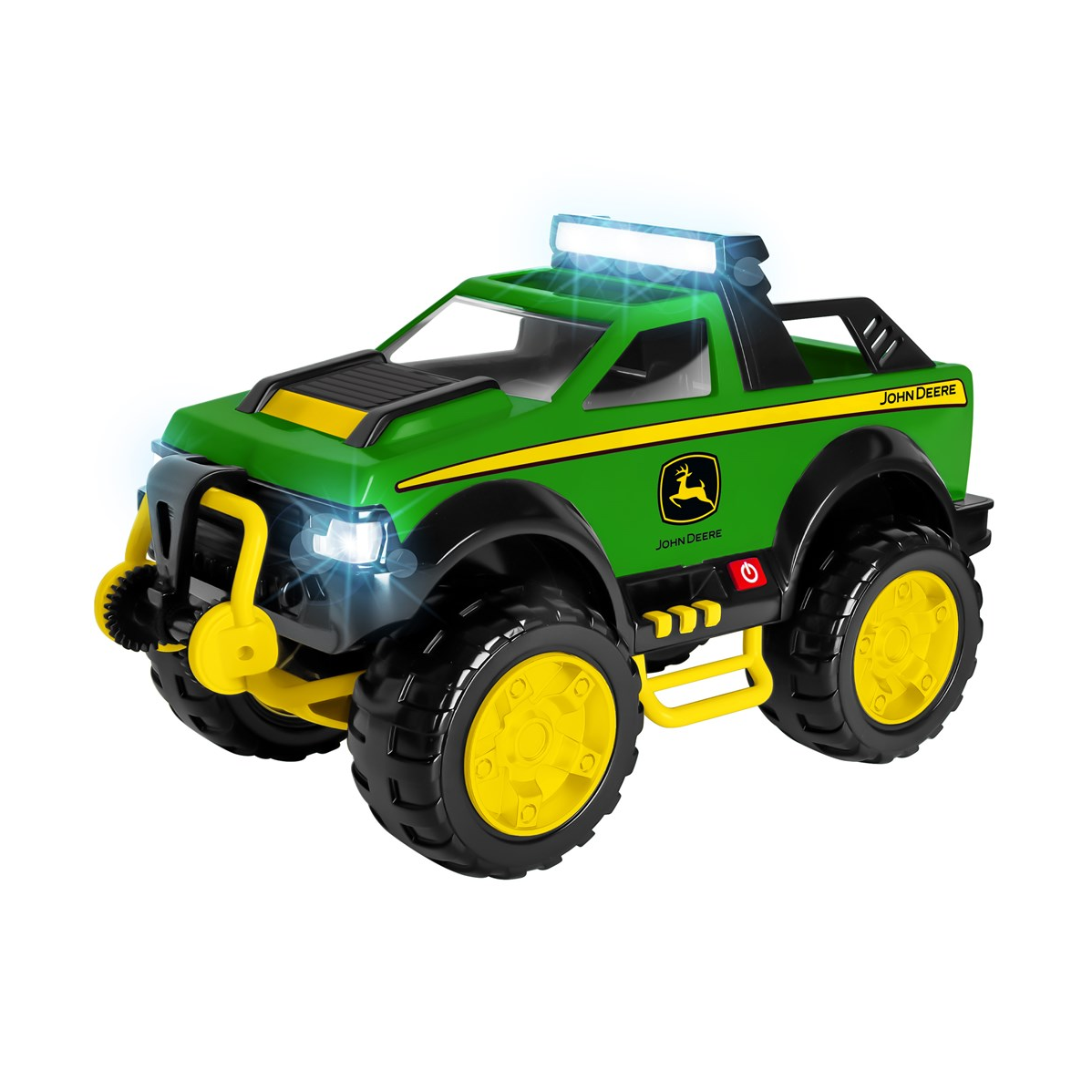 Green and yellow John Deere Tow & Go toy pickup truck with large black tyres and illuminated lights on a white background